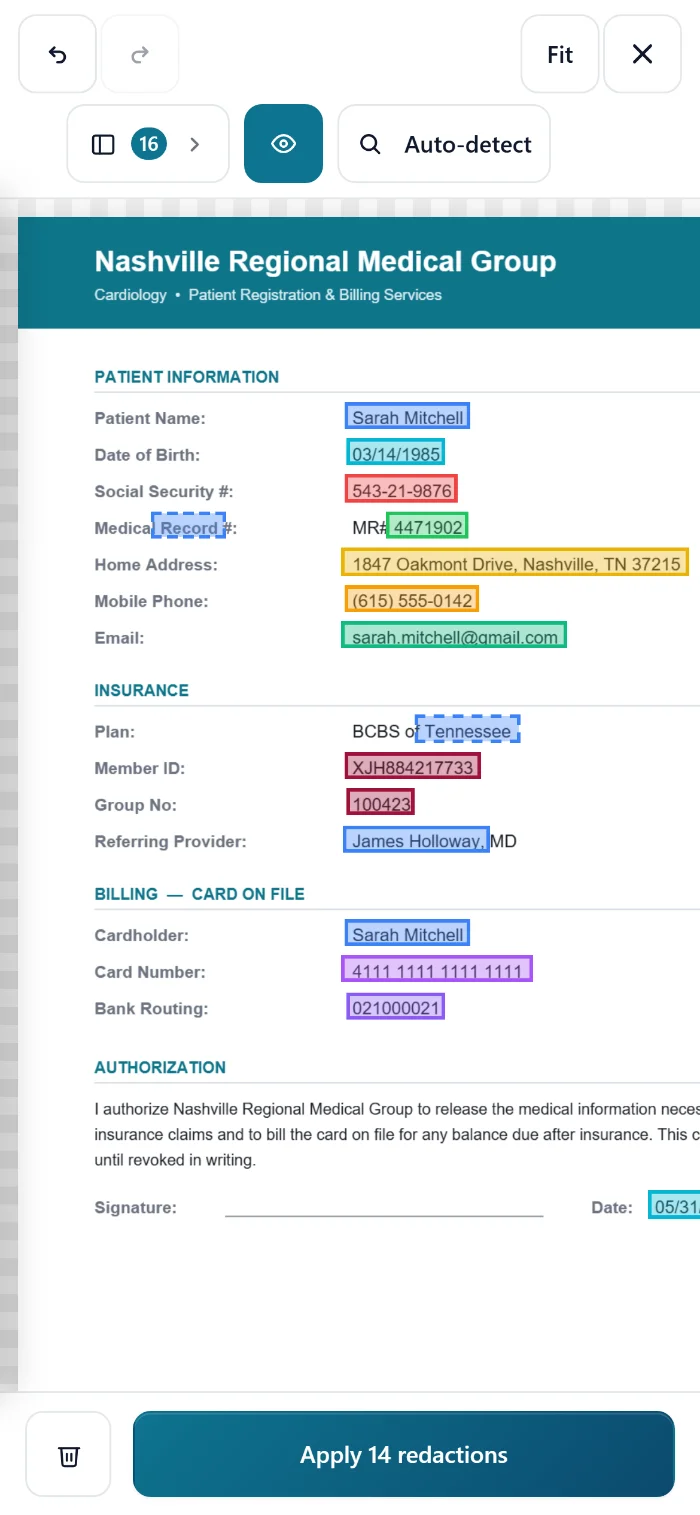 KeptPDF running in a phone browser: automatic PII detection has marked sixteen items on a form, with a two-row mobile toolbar and an Apply 14 redactions button.