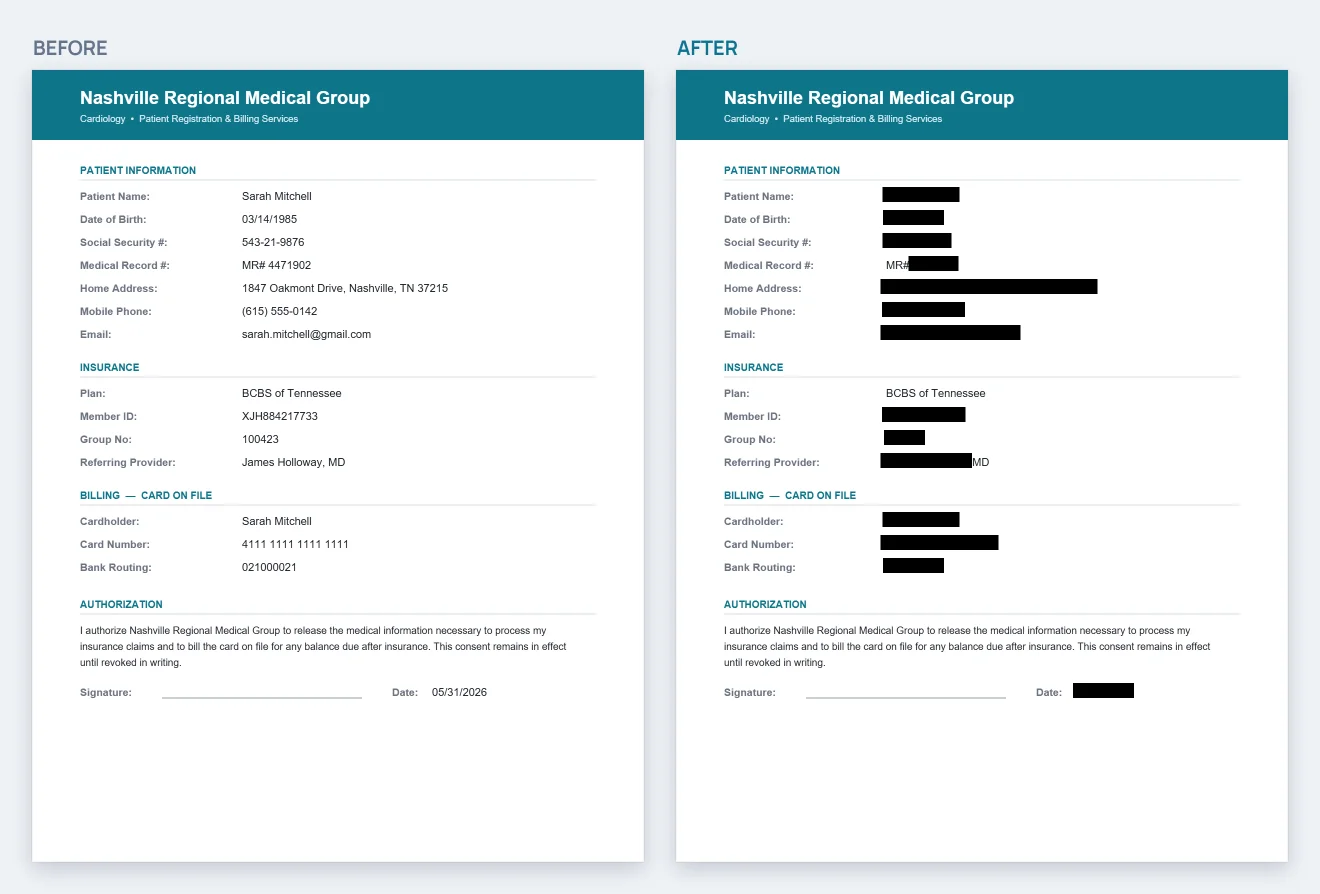 A medical intake form shown twice side by side: on the left every SSN, name, date of birth and account number is visible; on the right the same fields are struck out in solid black.
